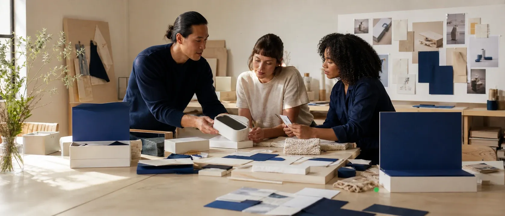 Three people reviewing a medical device prototype and launch materials around a studio table.
