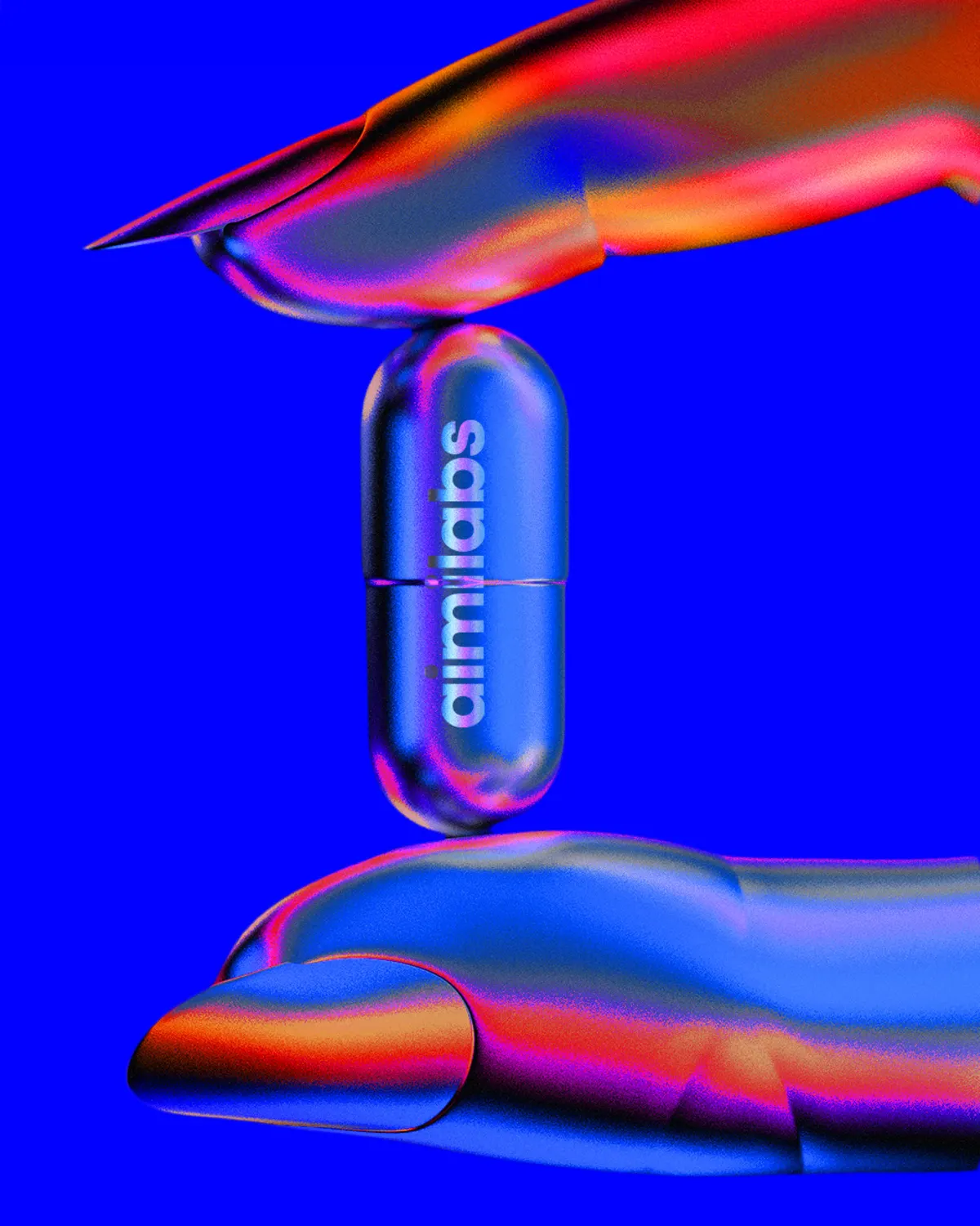 aimilabs capsule balanced between metallic hands in neon light