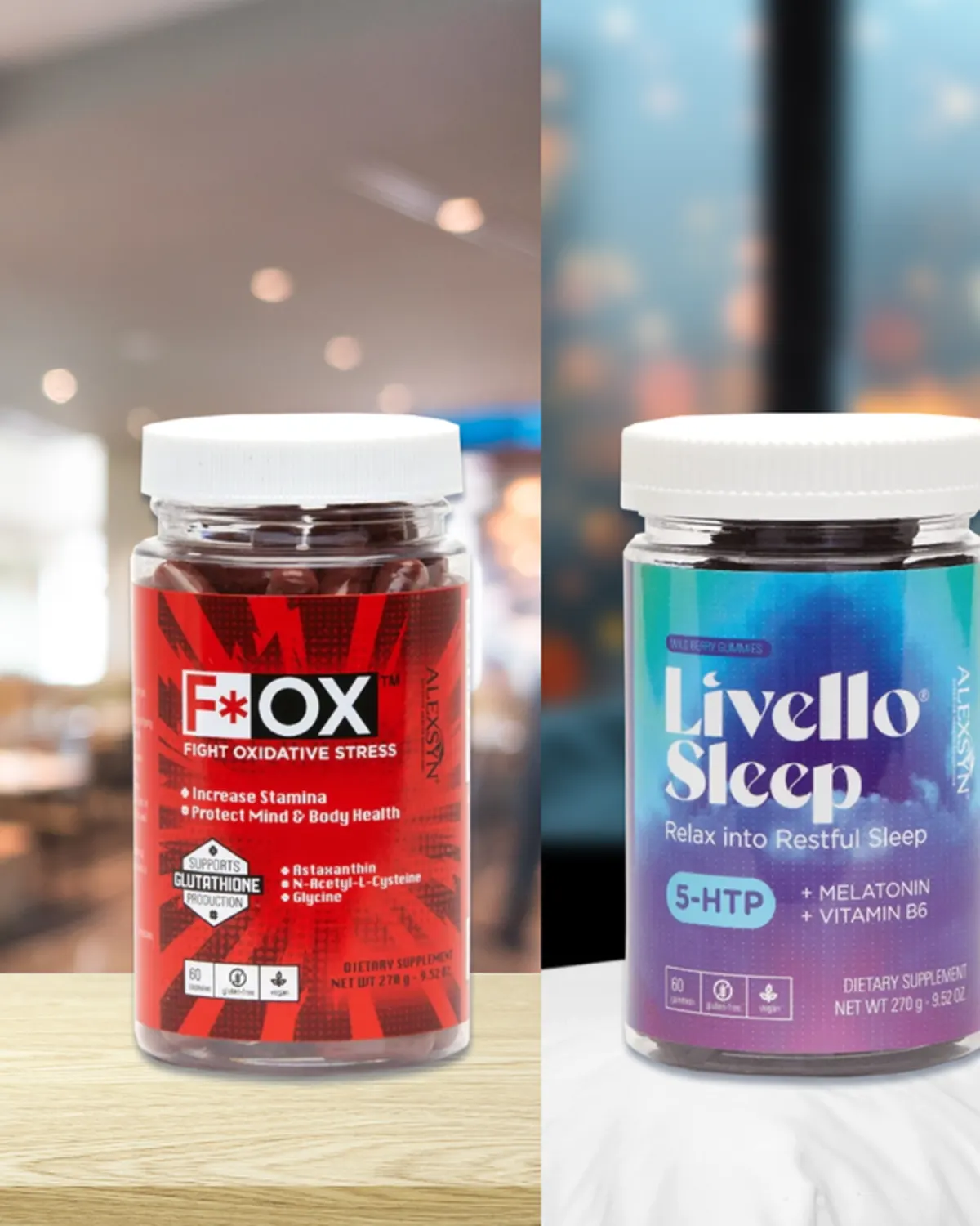 Alexsyn F-OX and Livello Sleep supplement jars