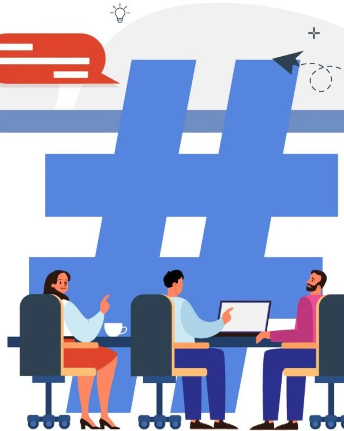 Coworkers meeting beneath a giant blue hashtag illustration