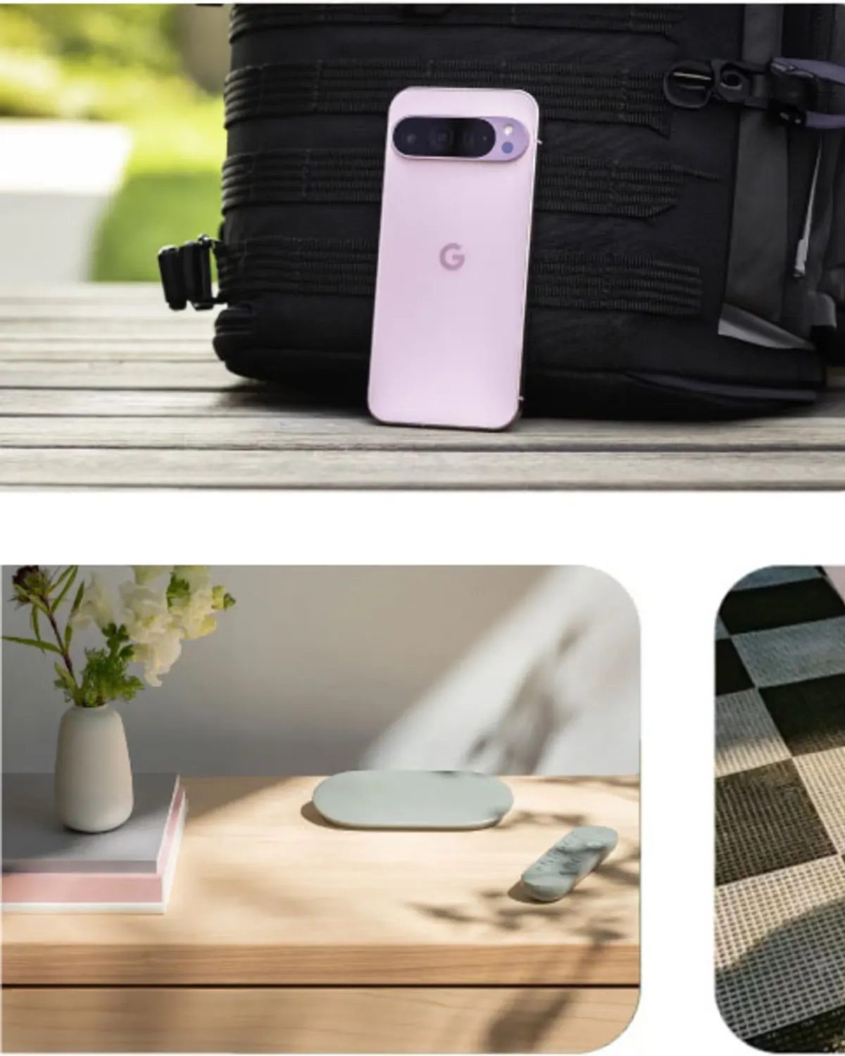 Google Pixel phone, TV Streamer and remote in lifestyle settings