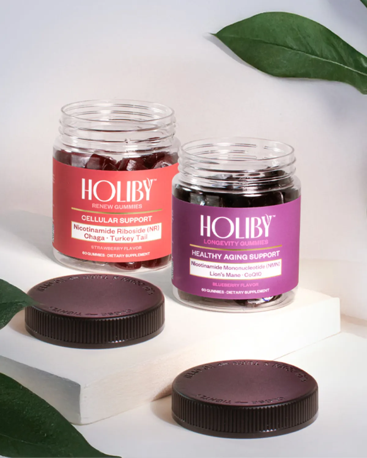 Open jars of Holiby cellular support and longevity gummies