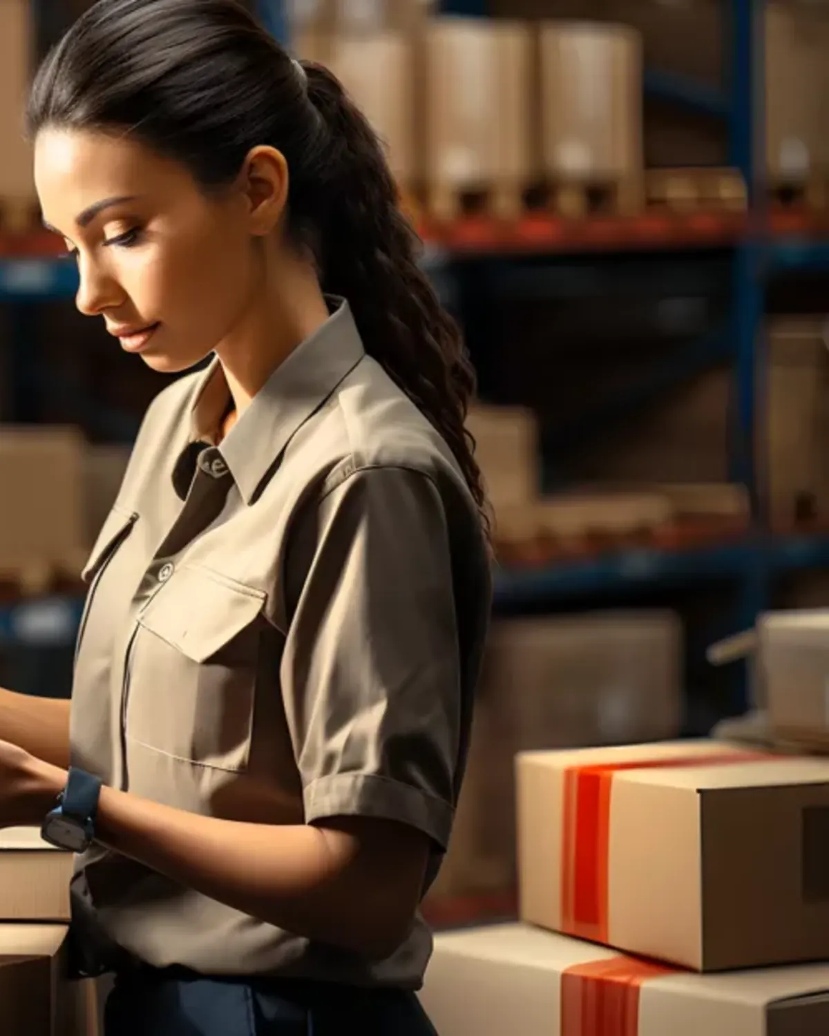 Warehouse employee processing parcels beside stacked boxes