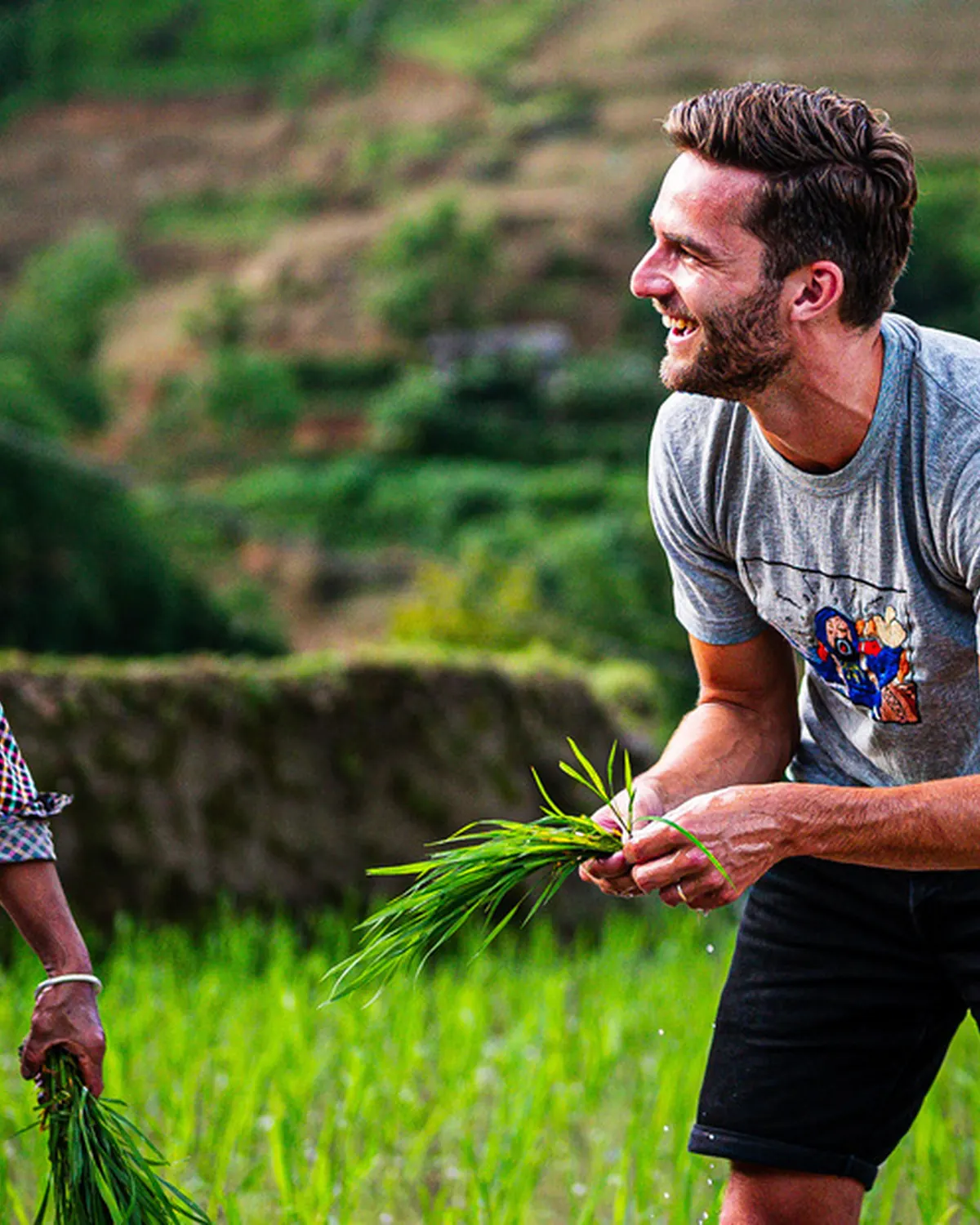 Traveller gathering rice seedlings with a farmer in a green paddy