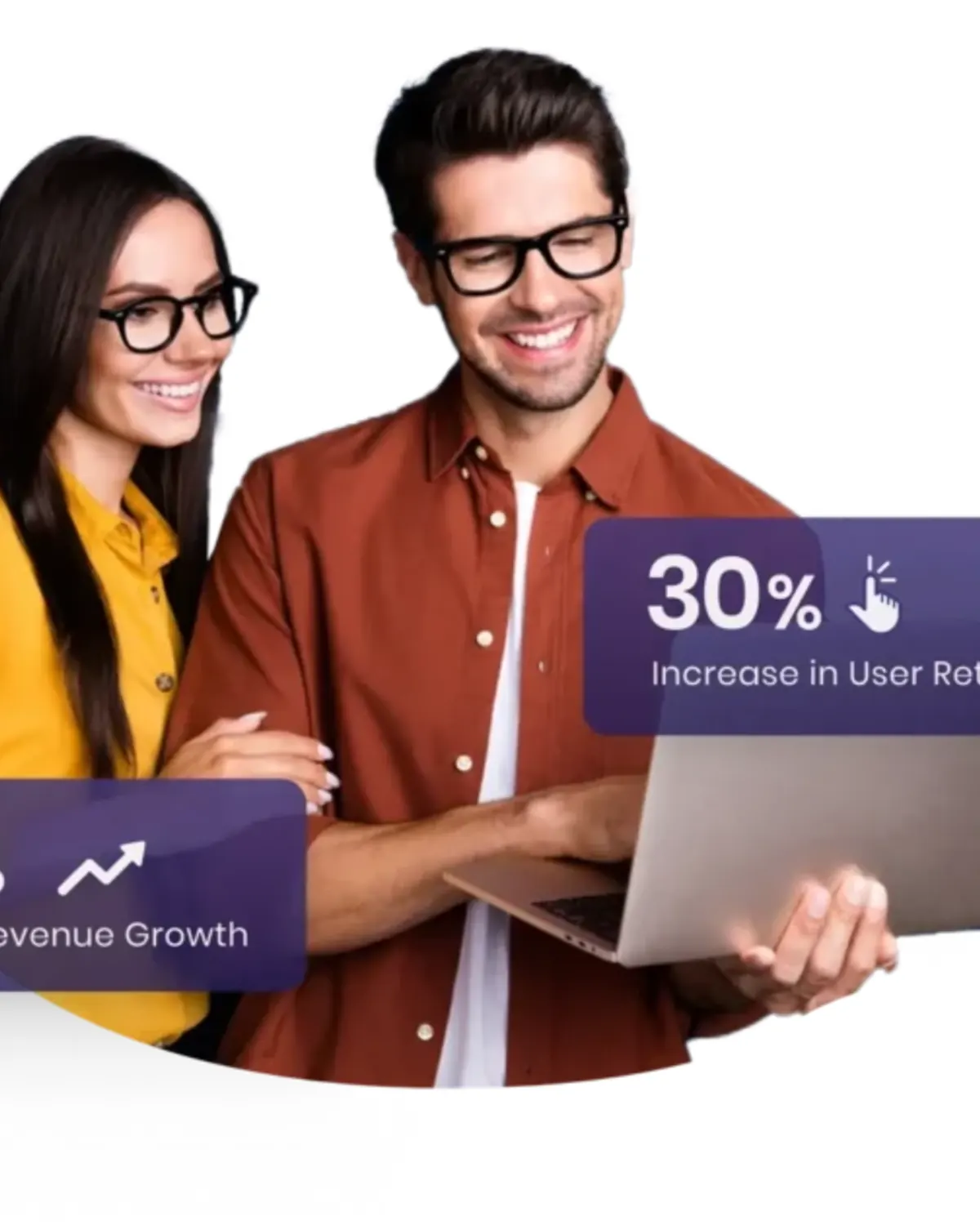 Two marketers reviewing growth and retention metrics on a laptop
