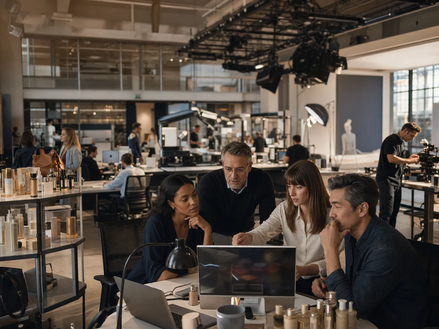 A global content and commerce team reviewing an automated workflow in a production studio