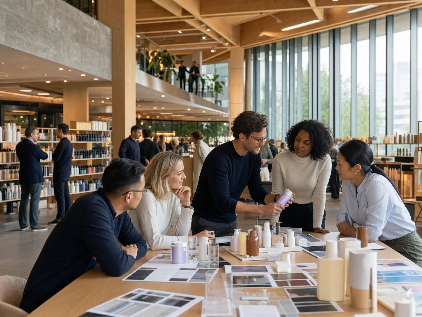 A global consumer brand team reviewing product launch samples in its innovation showroom