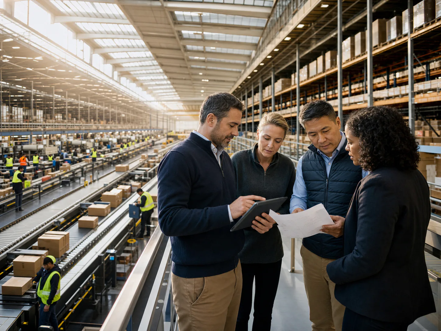 Commercial leaders reviewing live operations inside a large automated fulfilment centre