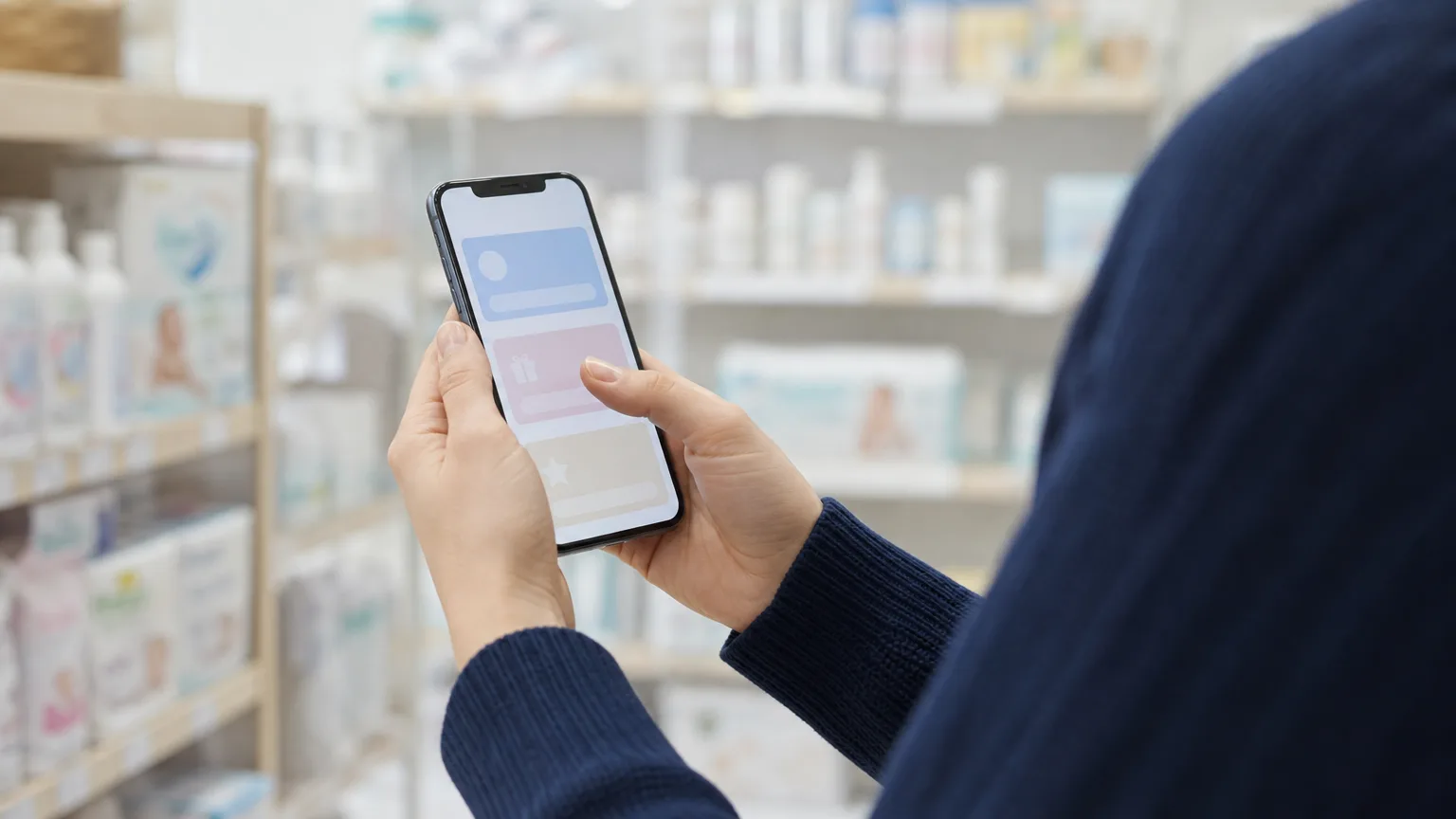 A shopper using a mobile loyalty programme in a baby-care aisle
