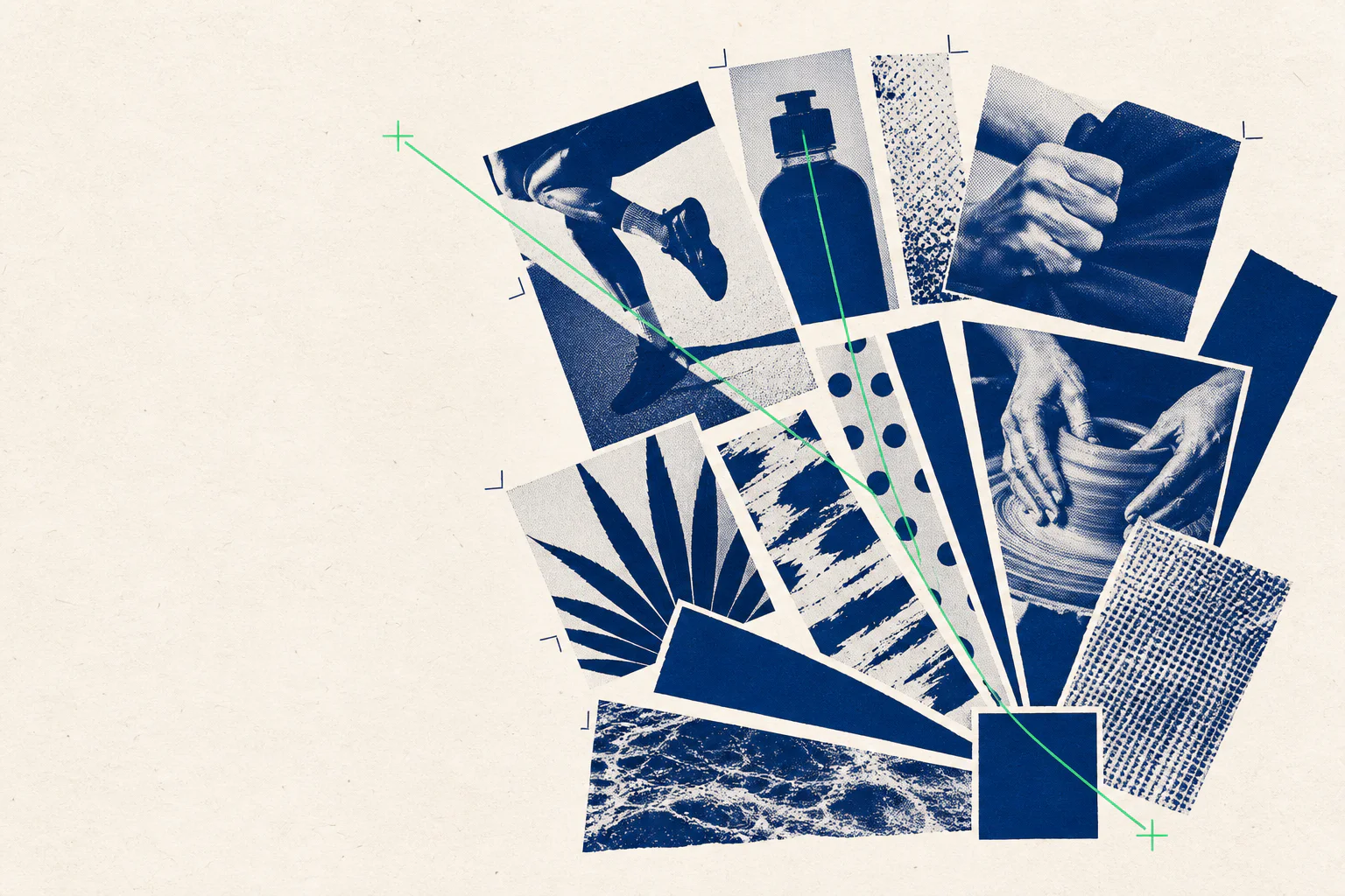 A single blue campaign idea expands into a connected fan of expressive print fragments.